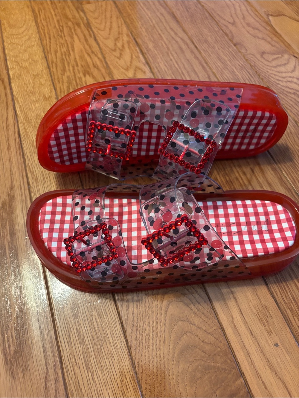 Betsey Johnson Red Clear Polka Dot Slide Sandals with Red Rhinestone Buckles
